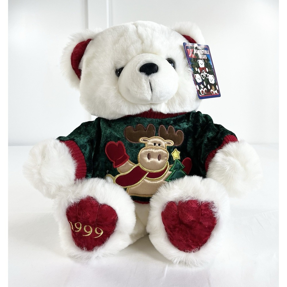 NWT 1999 Kmart Christmas Collectible Teddy Bear Plush Green Reindeer Sweater 15"